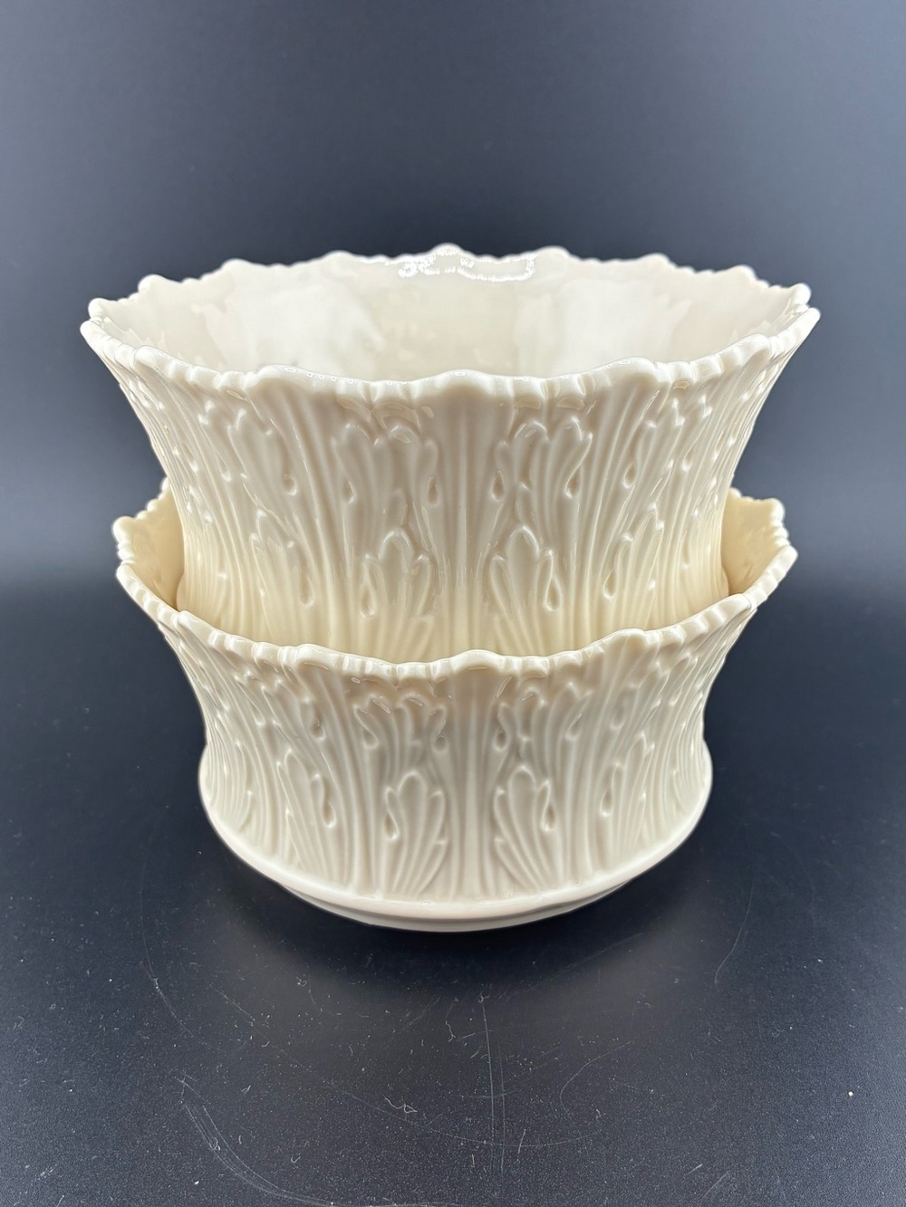 Lenox Scalloped Cream woodland Embossed Ceramic trinket bowl set of‎ 2